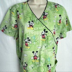 4/$25 Disney Mickey Mouse Scrub Top Cityscape Green Women's Small